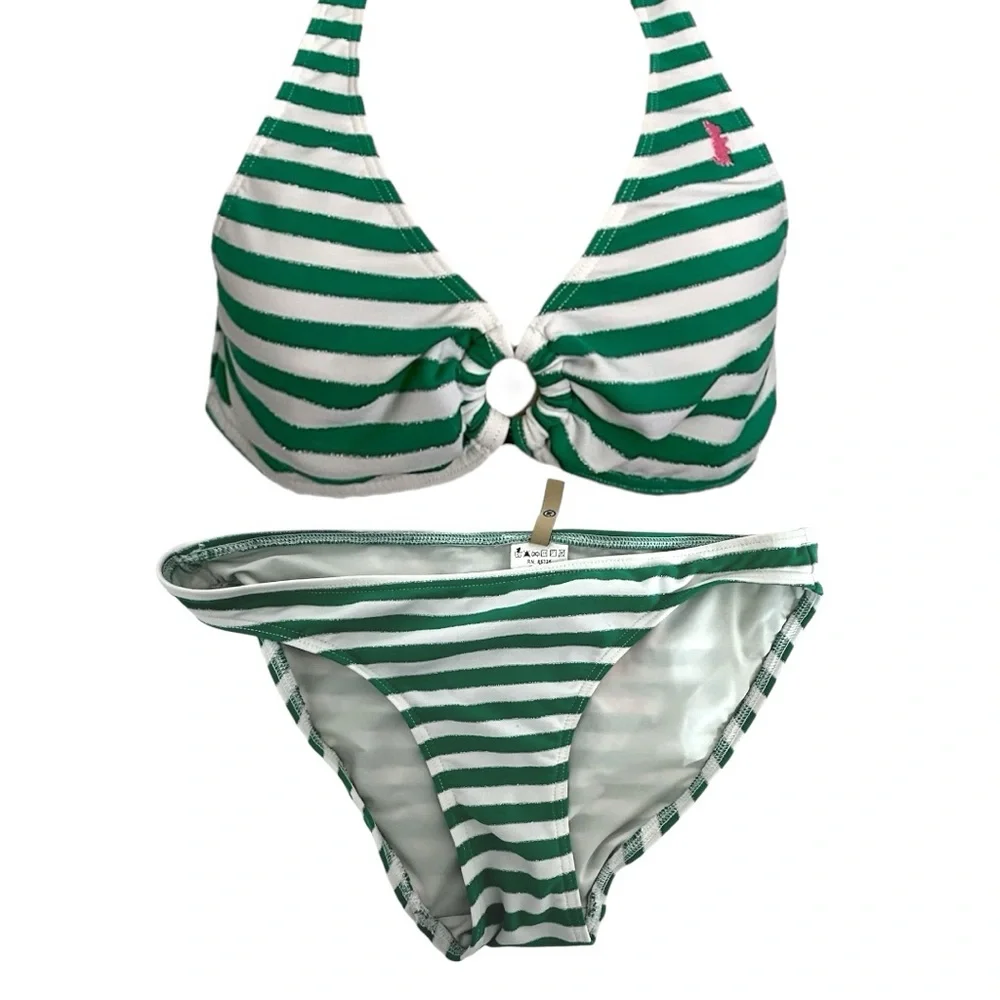 Juicy Couture Green White Stripe Y2K Halter Style Bikini Set - Size Medium